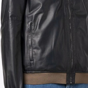 Blouson aviateur en cuir véritable noir pour homme, col rabattu, fermeture éclair, coupe classique, décontracté, hiver, imperméable, respirant - Product Image 4