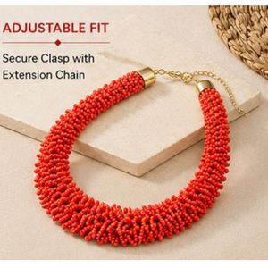 Handmade Coral Red Seed Bead Casual Ball <b>Statement</b> <b>Necklace</b> for Women | Chunky 14K Gold Plated Collar <b>Necklace</b> | Bohemian - Product Image 5