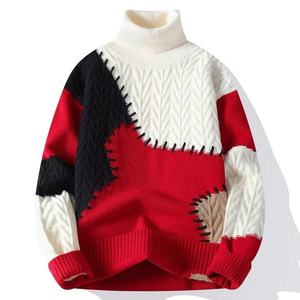 Patchwork Knitted Pullover <b>Sweater</b> <b>Turtleneck</b> Thick Winter Warm Full Sleeve Spliced Design Crew Neck Casual Wear - Product Image 4