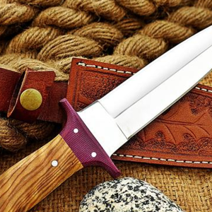 Couteau de chasse artisanal en acier D2 avec manche en micarta rose et bois d'olivier, lame fixe polie, couteau de camping d'extérieur, étui en cuir - Product Image 4