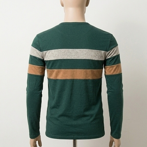 Mens Dark Green Henley Shirt Long Sleeve Color Block T Shirts Fashion Striped Cut Sew Cotton Knit Casual Pullover Tee Shirts - Product Image 6