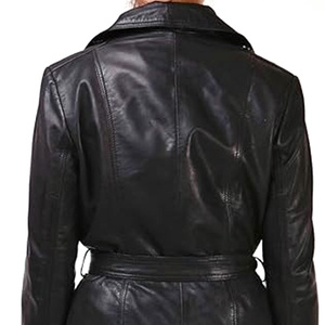 Double breasted long leather trench coat for women with waist belt and front buttons for office or travel - Product Image 4