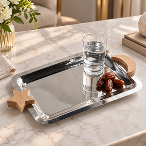 Star Accent Stainless Steel <b>Serving</b> <b>Tray</b> with Wooden Handles for Snack | Rectangular Silver Platter for Dining Table and <b>Parties</b> - Product Image 2