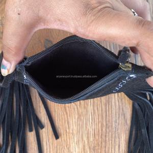 Monedero multifuncional con flecos de cuero de gamuza para mujer, tarjetero de cuero genuino occidental con cremallera - Product Image 4