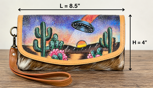 2026 New Handmade Boutique Long Cowhide Leather Clutch Wallet Hand Painted Desert UFO <b>Wristlet</b> Purse for Women Fashion Purses - Product Image 2
