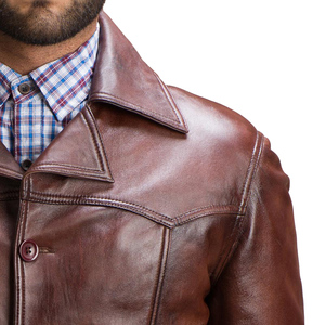 Chaqueta de cuero clásica para hombre, color marrón oscuro, con cuello de camisa, cierre de botones, estilo vintage, corte ajustado, ropa exterior premium, impermeable. - Product Image 4