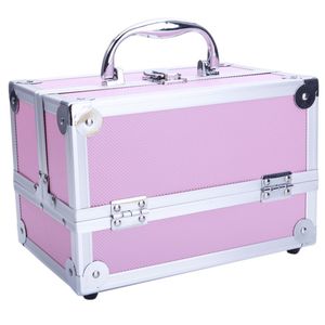 Portatile per il trucco in alluminio rosa con doppia apertura superiore con manico a specchio professionale di bellezza organizzatore cosmetico - Product Image 1