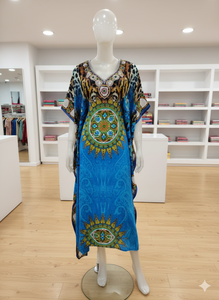 Robe Abaya de Luxe Brodé Teal - Motif Floral Ornamenté sur la Poitrine, Manches Longues Bouffantes, Tenue de Soirée Modeste de Haute Qualité - Product Image 3
