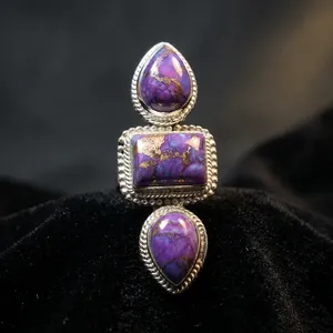 925 Sterling Silver Purple Copper Turquoise Three Stone Statement Cocktail Ring Handmade Gemstone Jewelry - Product Image 2