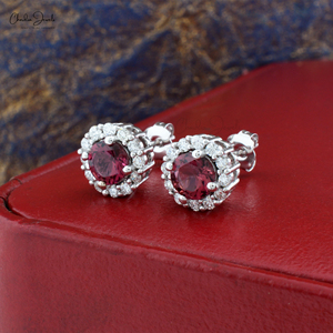 Pendientes de botón de oro fino de 14k con diamantes blancos naturales de 1.5mm engastados en pavé y turmalina rosa - Product Image 6