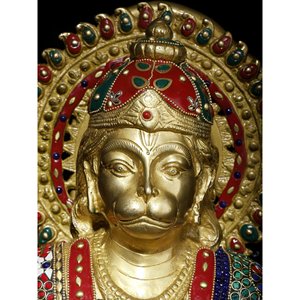 Estatua de latón de 19 pulgadas de Lord Hanuman con intrincada escultura de bendición de trabajo con incrustaciones - Product Image 2