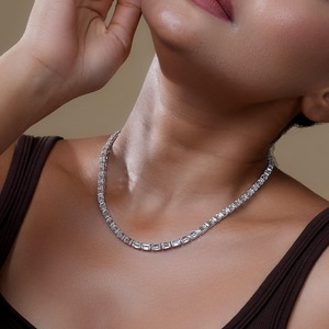 Sterling Silver Rhodium Plated Moissanite Emerald Cut Tennis <b>Necklace</b> Iced Chain Hip Hop Bling <b>Statement</b> Jewelry - Product Image 6