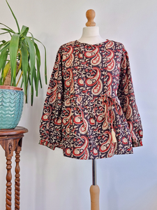 Pure Cotton <b>Linen</b> <b>Top</b> Earthy Floral Embroidery Vintage Boho <b>Tank</b> Comfortable Summer Day Blouse-Elegant Indian Bagru Hand-Block - Product Image 6