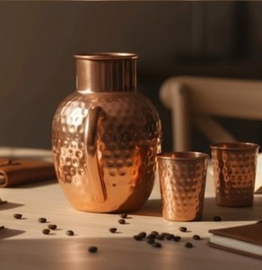 Ensemble pichet et verres à eau en cuivre pur martelé artisanal de qualité supérieure – Carafe en cuivre massif artisanal avec tasses assorties – Ayurvédique - Product Image 6