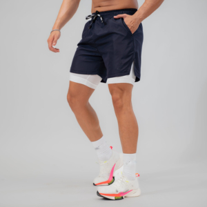 Shorts de sport pour homme bleu foncé 2 en 1, séchage rapide, respirant, coupe-vent, avec cordon de serrage, shorts de sport actifs - Product Image 3