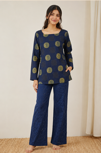Kurti Corto de Algodón Estampado Azul para Mujer, Corte Regular, Estilo Casual Étnico con Puntos Dorados, para Todas las Temporadas - Product Image 6