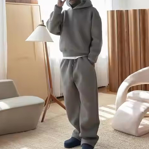 Hot Selling Custom Blank <b>Plain</b> Casual <b>Tracksuits</b> Streetwear Solid Midweight Cotton Fleece Breathable Boxy Hoodie Unisex Men - Product Image 1