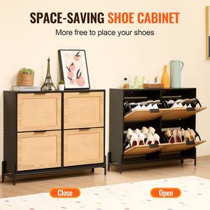 Mobiletto Salvaspazio per Ingresso Stretto con 4 Cassetti Ribaltabili, Scarpiera in Rattan con Gambe Sottili in Metallo e Ripiani per Scarpe - Product Image 5