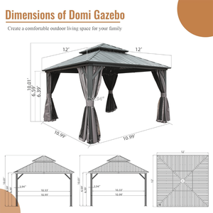 Gazebo de Aluminio con Techo Doble de Acero Galvanizado de 12 x 12 pies, con Cortinas y Mosquitera, Pérgola Permanente - Product Image 6