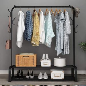Moderno tendedero de ropa de acero inoxidable negro con un solo poste y organizador de ropa con estante para zapatos para sala de estar - Product Image 3