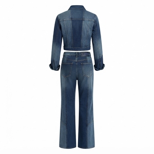 Women Blue Denim Cropped Jacket Patchwork Jeans Set High Waist Wide Leg <b>Pants</b> Two Piece Casual Denim Outfit Wholesale - Product Image 4