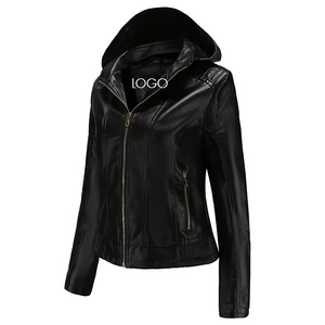 Blouson de moto d'hiver pour femme avec fermeture éclair en fourrure de mouton, tissu respirant en laine et capuche en cuir de vachette collé - Product Image 5
