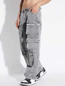 Pantalon cargo ample pour homme, gris foncé, effet usé, double patch aux genoux, style streetwear, jeans - Product Image 5