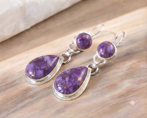 Pendientes de Turquesa Cobre Púrpura Natural, Plata de Ley 925, Pendientes Colgantes Hechos a Mano con Piedras Preciosas, Joyería al por Mayor - Product Image 2