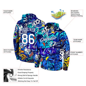 Sweat-shirt à capuche sportif 3D blanc royal avec motif graffiti brodé sur mesure, style streetwear urbain, broderie premium - Product Image 3