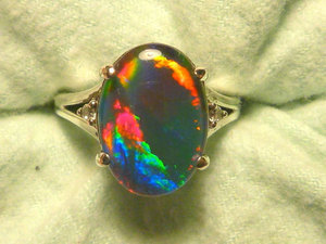 925 Sterling Silver Platinum Plated Natural Black <b>Opal</b> <b>Ring</b> with Oval Cut Diamonds Inlaid for Women's - Product Image 2