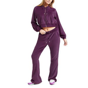 Ensemble de survêtement en velours pour femmes, style streetwear vintage, sweat-shirt à capuche uni décontracté et pantalon de jogging, OEM - Product Image 1