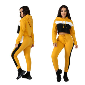 Ensemble de survêtement décontracté pour femme, haut court à capuche en polaire polyester/coton antistatique, manches longues, pantalon de jogging avec poches latérales, noir et rouge - Product Image 3