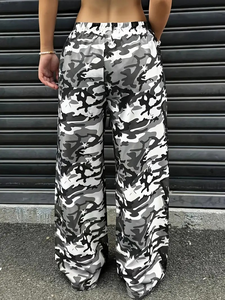 Pantalon en satin camouflage pour femme, taille haute, cordon de serrage, coupe ample, longueur intégrale, décontracté, pour le printemps, motif imprimé avec poches - Product Image 3
