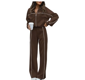 Conjunto Deportivo Rosa para Mujer, Manga Larga, Color Sólido, Cierre Frontal con Cremallera, Pantalones Casuales, Corte Holgado, Transpirable, Poliéster, Ropa de Primavera - Product Image 6