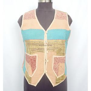 Boho Style Women's Short Vest <b>Kantha</b> <b>jacket</b> handmade Cotton <b>kantha</b> vest <b>Jacket</b> with pockets decorate and v-neckline for women - Product Image 1