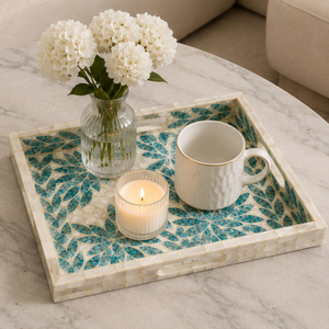 Plateau de service moderne en laque avec incrustations de nacre et mosaïque de coquillages, avec poignées, pour table basse et décoration intérieure, vente en gros - Product Image 4