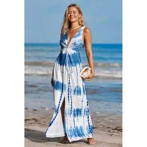 Vestido Maxi Elegante Estilo Costero con Estampado Tie-Dye Azul y Blanco, Diseñado para Días Soleados - Product Image 4