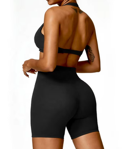 Women's Quick Dry 2-Piece Sports Bra and Yoga Shorts Set Knot Halter Backless Seamless and Breathable Solid Pattern Yoga Gear - Product Image 2