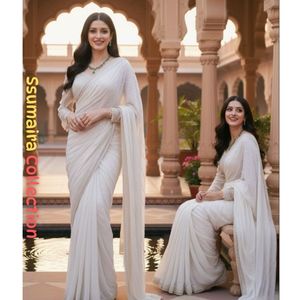 Sari blanc pur élégant 2025, travail de perles Sitara Moti par Trends by CP, vêtements indiens et pakistanais, Anarkali - Product Image 1