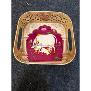 Plateau décoratif en fer, motif palmier tropical crème, plateau de service en métal doré avec poignée découpée, organisateur d'appoint de table - Product Image 2