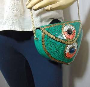 <b>Green</b> Mosaic Half Moon Evening <b>Bag</b> Handmade Floral Beaded <b>Clutch</b> Purse Gold Chain Strap Bohemian Style Waterproof 1L Capacity - Product Image 1