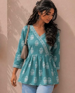 Floral Printed V Neck Short Kurtis Peplum Tunic Style Top <b>Wrap</b> Front Women Indian Pakistani Style Casual Party Wear Tunic - Product Image 1