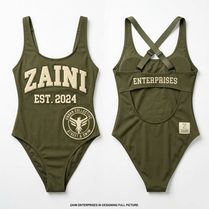 Traje de Baño de Una Pieza para Mujer, en Nylon y Spandex Acanalado, 220 GSM, Verde Oliva, con Tirantes Cruzados en la Espalda y Diseño de Logotipo Personalizado con Apliques - Product Image 1