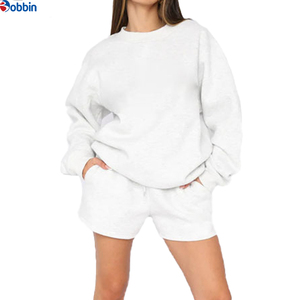 Customizable Women's Solid 2-Piece Sweatshirt & Shorts <b>Set</b> Full Sleeve Crew Neck Loose Fit Casual All Seasons <b>Knitted</b> Cotton - Product Image 3