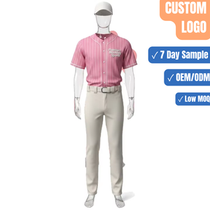 Ensemble de pantalon et maillot de baseball personnalisé à rayures roses, uniforme d'équipe sublimé, vente en gros - Product Image 1