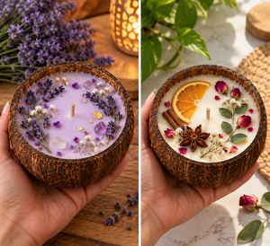Bougie artisanale en cire de soja dans une coquille de noix de coco avec fleurs séchées, lavande et rose, bougie décorative aromathérapeutique botanique - Product Image 2