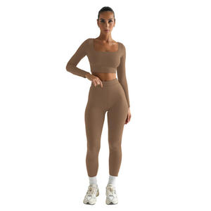 Ensemble de yoga taille haute sans coutures, couleur unie, crop top, leggings longs, 3 pièces, col en V profond, sans manches, extensible en Spandex/Nylon - Product Image 3