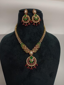 Ruby Emerald Pearl Gemstone <b>Necklace</b> Set 22K Gold Plated Indian Bridal Wedding Jewelry Ethnic <b>Statement</b> <b>Necklace</b> Earrings - Product Image 2