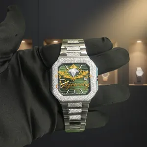 Montre de luxe pour homme en acier inoxydable avec cadran vert, quartz octogonal glacé, accent diamant, fermoir déployant, 40 mm - Product Image 6