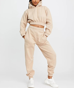 Ensemble de survêtement décontracté deux pièces pour femme, couleur unie, à capuche, manches longues, en molleton, coupe courte, 100 % coton, entièrement respirant - Product Image 3